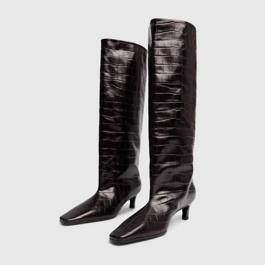 Women's Brown Crocodile Grain Knee High Boots