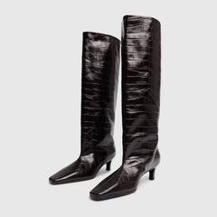 Women's Brown Crocodile Grain Knee High Boots