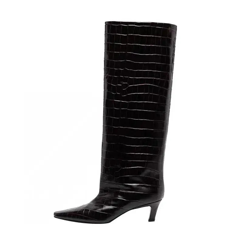 Women's Brown Crocodile Grain Knee High Boots