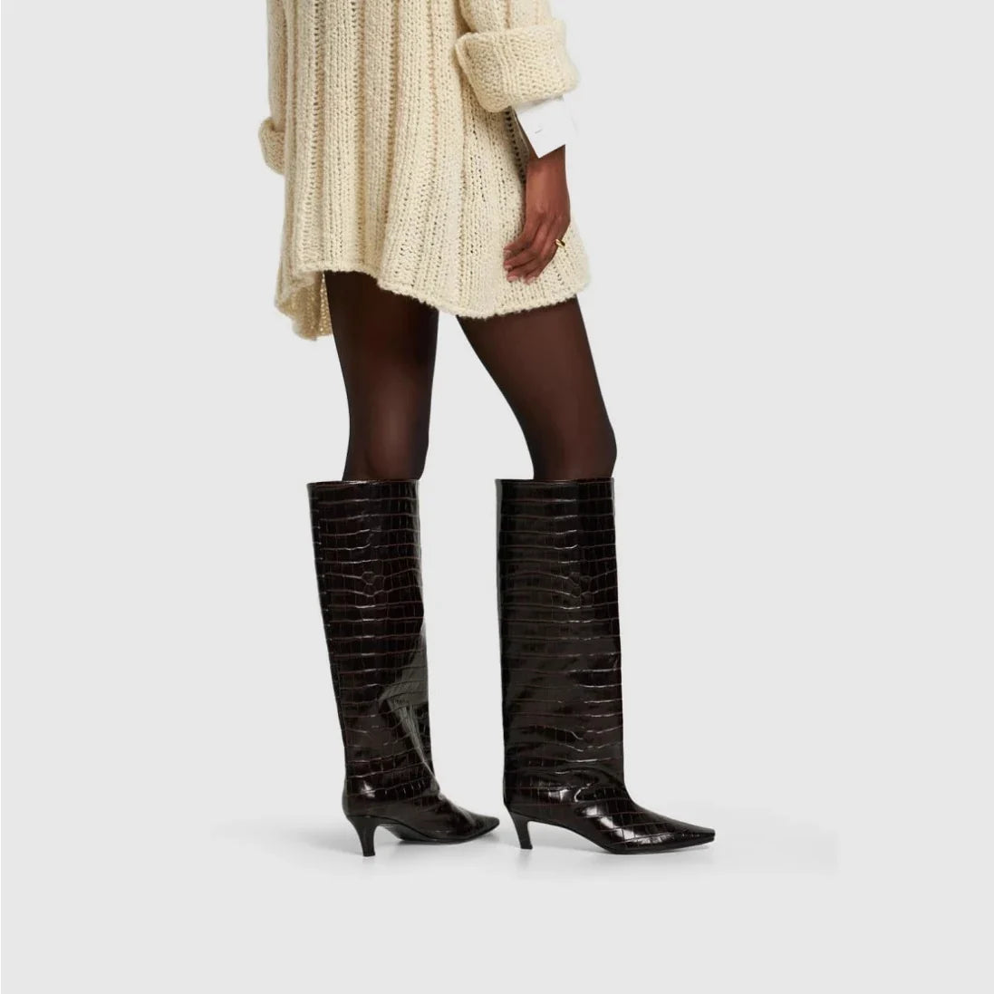 Women's Brown Crocodile Grain Knee High Boots