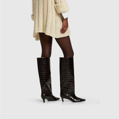 Women's Brown Crocodile Grain Knee High Boots