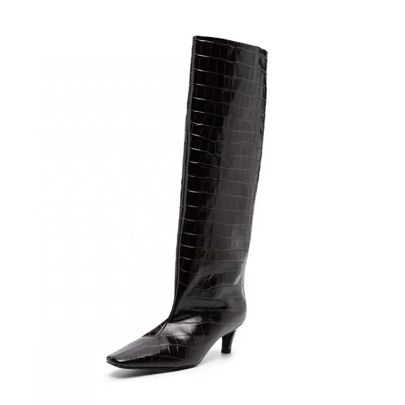 Women's Brown Crocodile Grain Knee High Boots