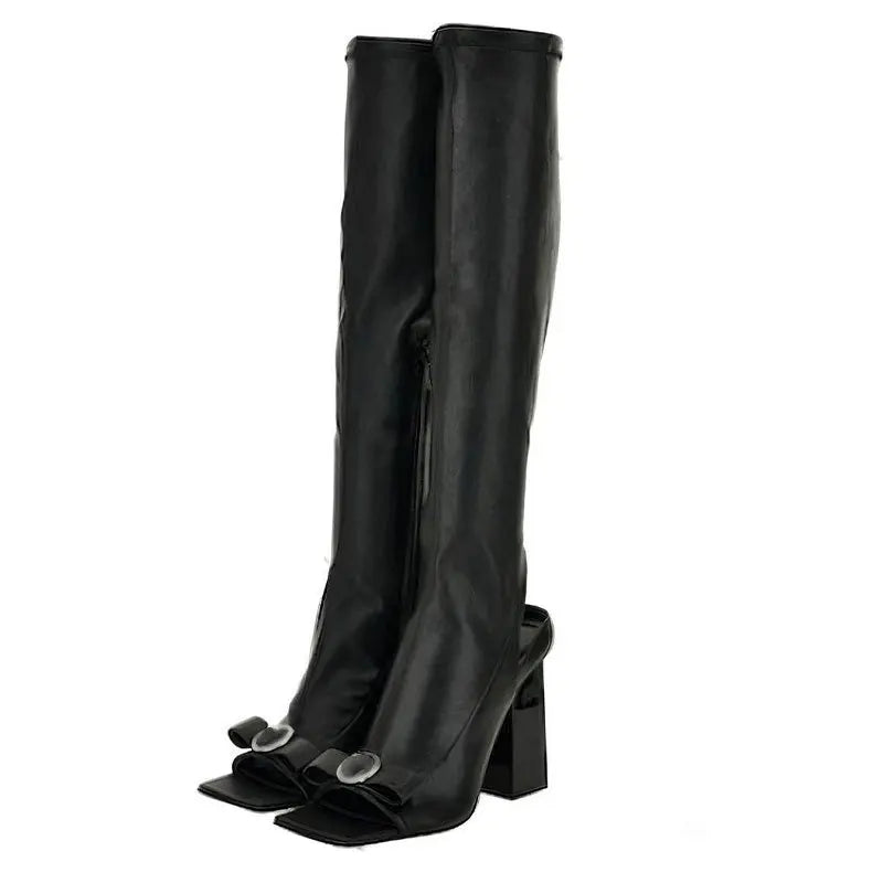 Women's Summer Elastic Thin High Heel Bootie Square Head Slip-On Peep Toe Knee High Bowknot Cool Booties