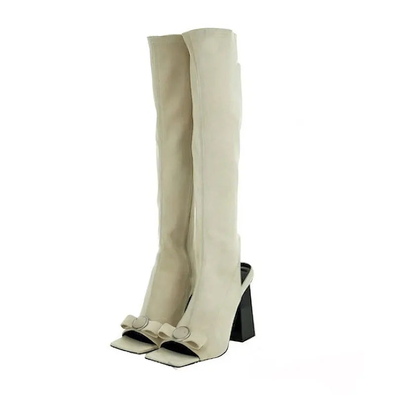 Women's Summer Elastic Thin High Heel Bootie Square Head Slip-On Peep Toe Knee High Bowknot Cool Booties