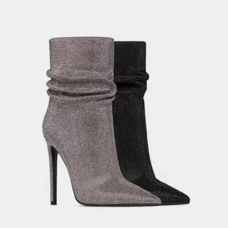 Women's Velvet High Heel Crystal Short Boots