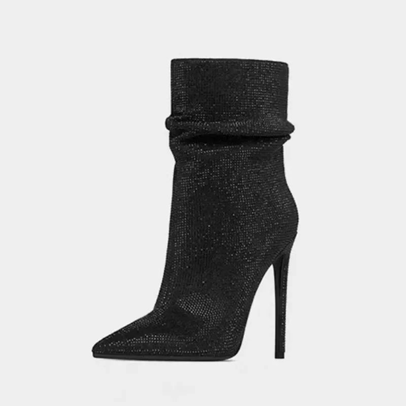 Women's Velvet High Heel Crystal Short Boots