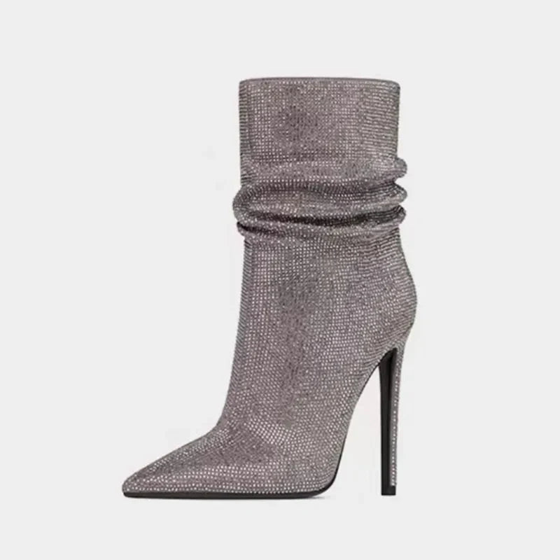 Women's Velvet High Heel Crystal Short Boots