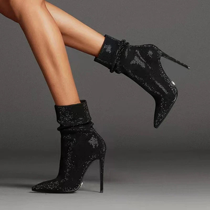 Women's Velvet High Heel Crystal Short Boots