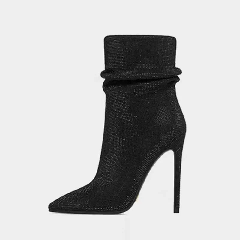 Women's Velvet High Heel Crystal Short Boots