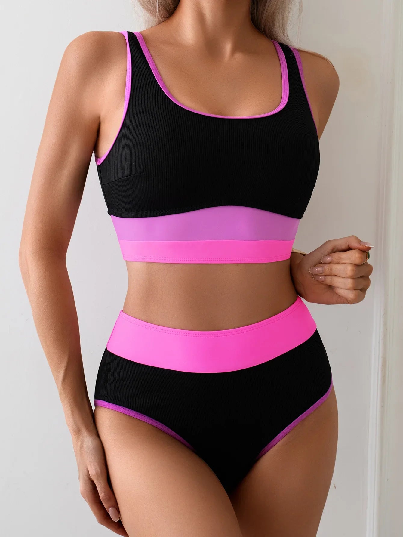 Athletic Bikini Set for Swimming Supportiveed Two Piece with Color Block Tops Panties Sportwear