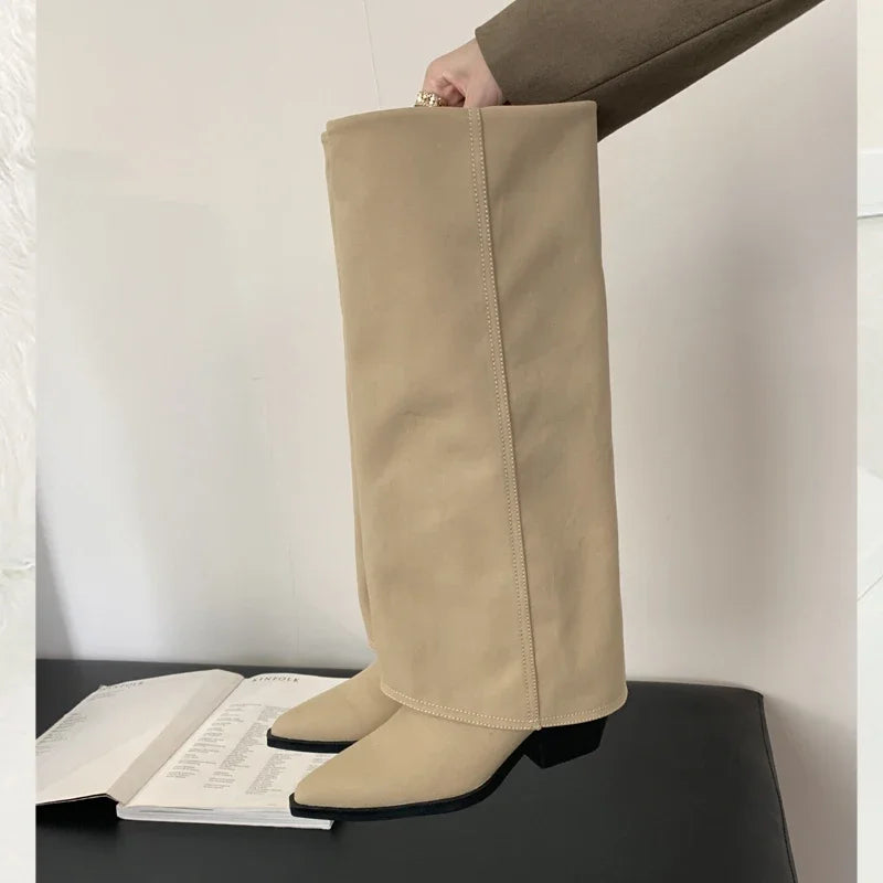 Autumn Pointed Toe Sewing Designer Knee-High Boots