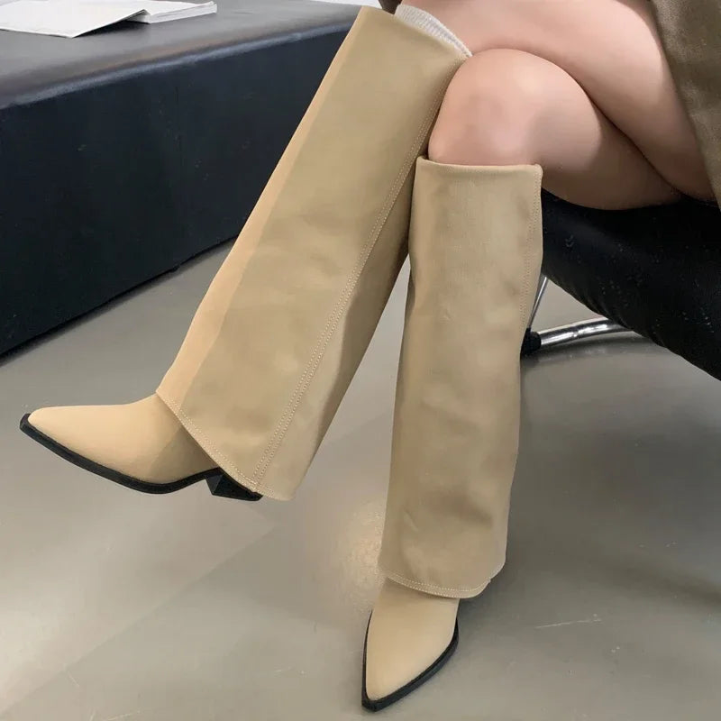 Autumn Pointed Toe Sewing Designer Knee-High Boots