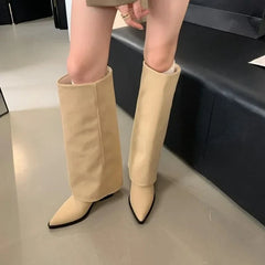Autumn Pointed Toe Sewing Designer Knee-High Boots