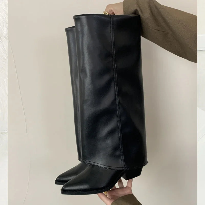 Autumn Pointed Toe Sewing Designer Knee-High Boots