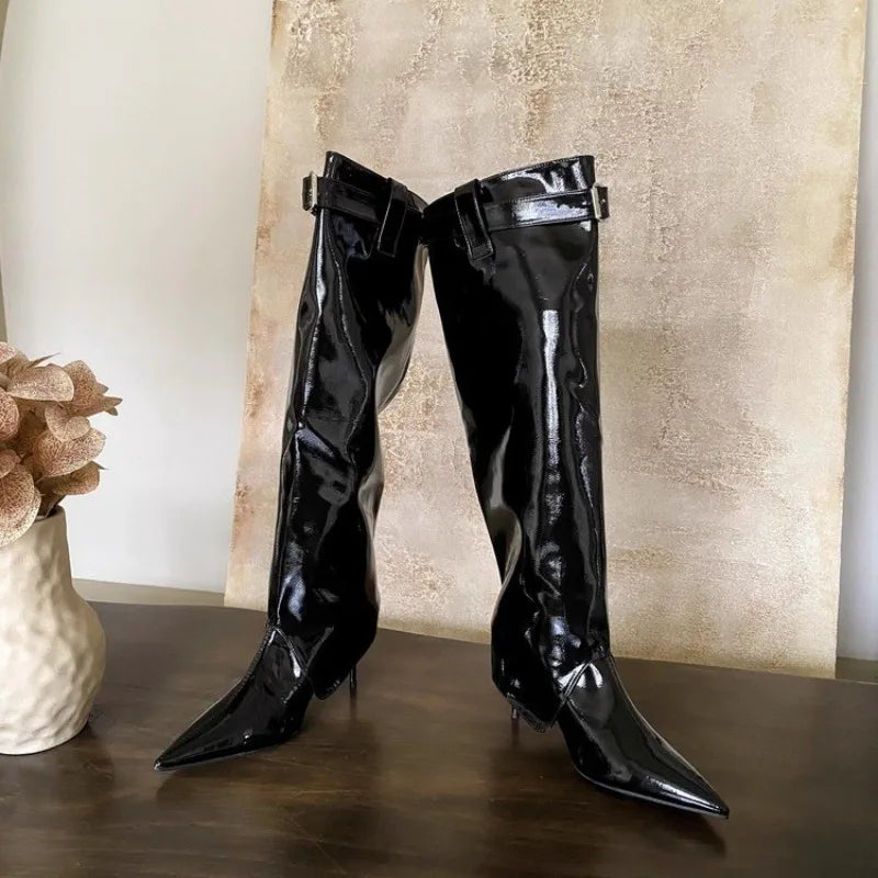 Two Wearing Slim Leg Patent Leather High Boots