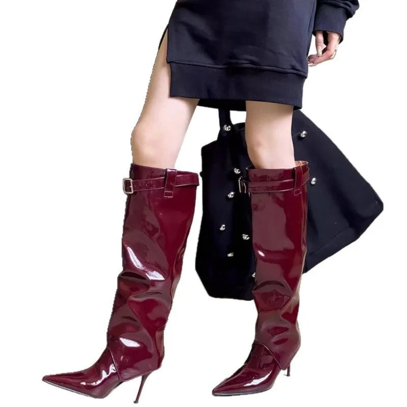 Two Wearing Slim Leg Patent Leather High Boots