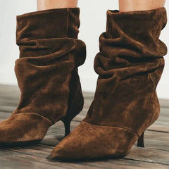Autumn Winter Suede Pleated Pointed Toe Women's Ankle Boots