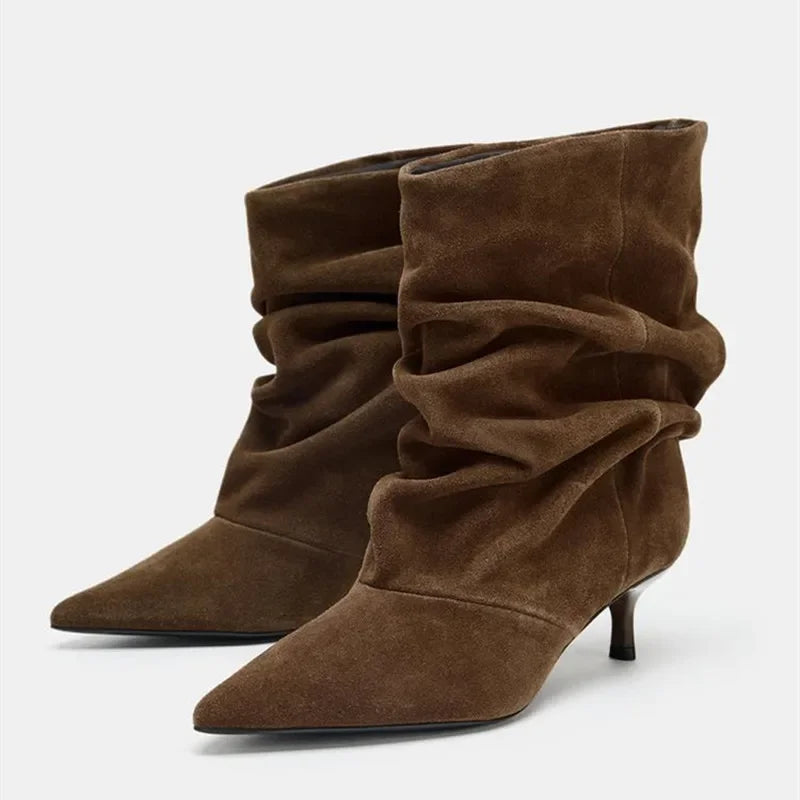 Autumn Winter Suede Pleated Pointed Toe Women's Ankle Boots