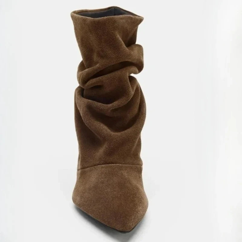 Autumn Winter Suede Pleated Pointed Toe Women's Ankle Boots