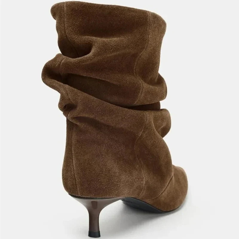 Autumn Winter Suede Pleated Pointed Toe Women's Ankle Boots