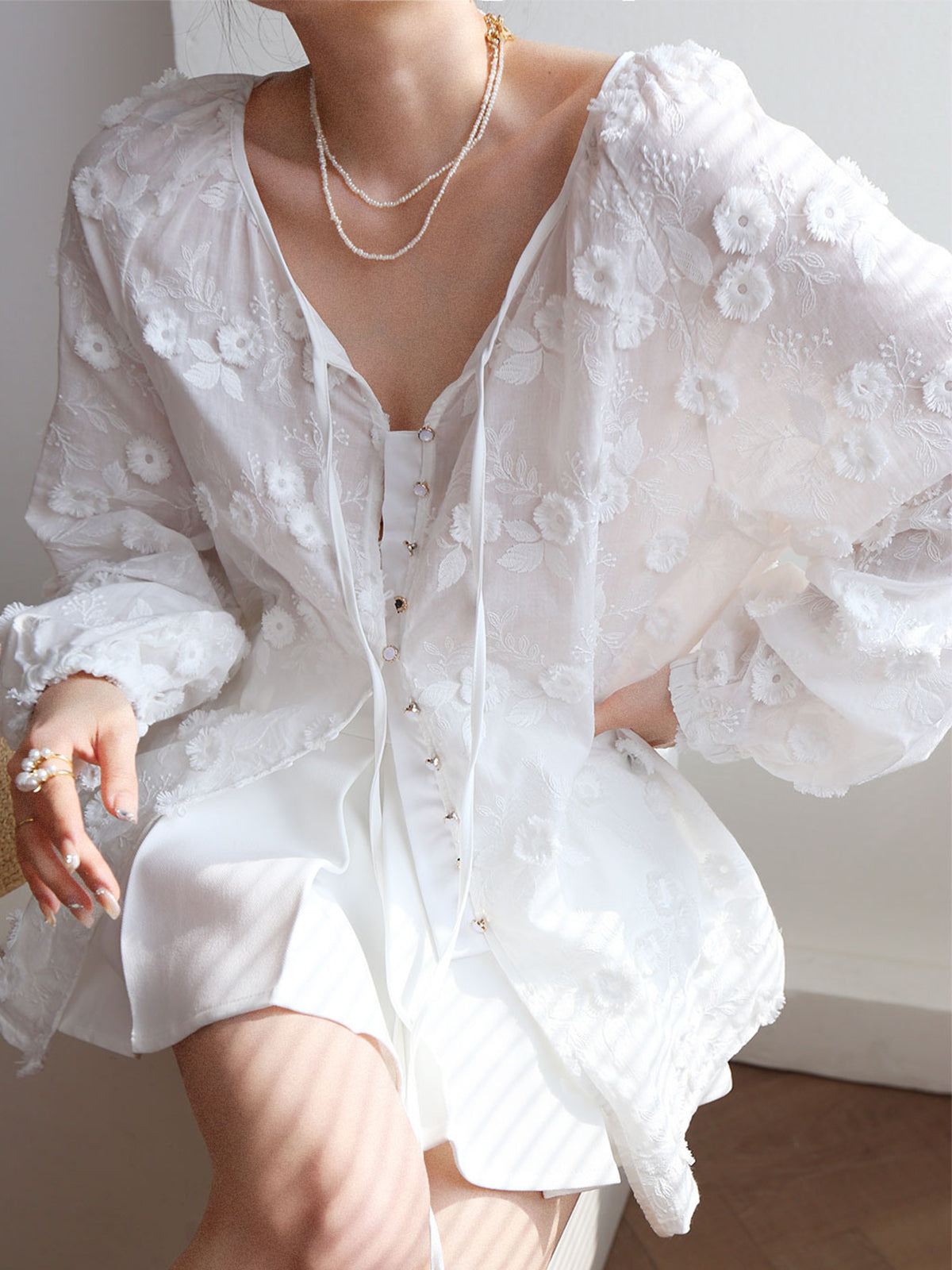 Oversized Semi-Sheer Embroidered Floral Blouse