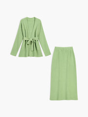 Greeness Tied Cardigan Two Piece Skirt Set