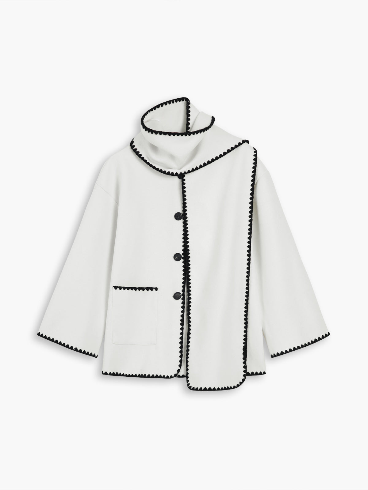 Double Pockets Embroidered Trim Coat With Matching Scarf