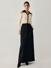 Colorblock Open Collar Cutout Crop Long Sleeve Top