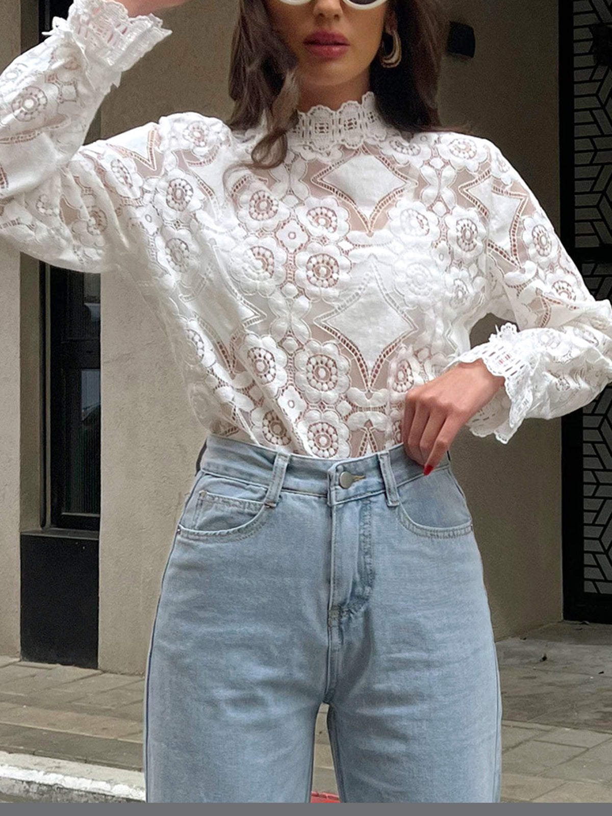 Semi-Sheer Lace Embroidery Floral Mock Neck T-Shirt