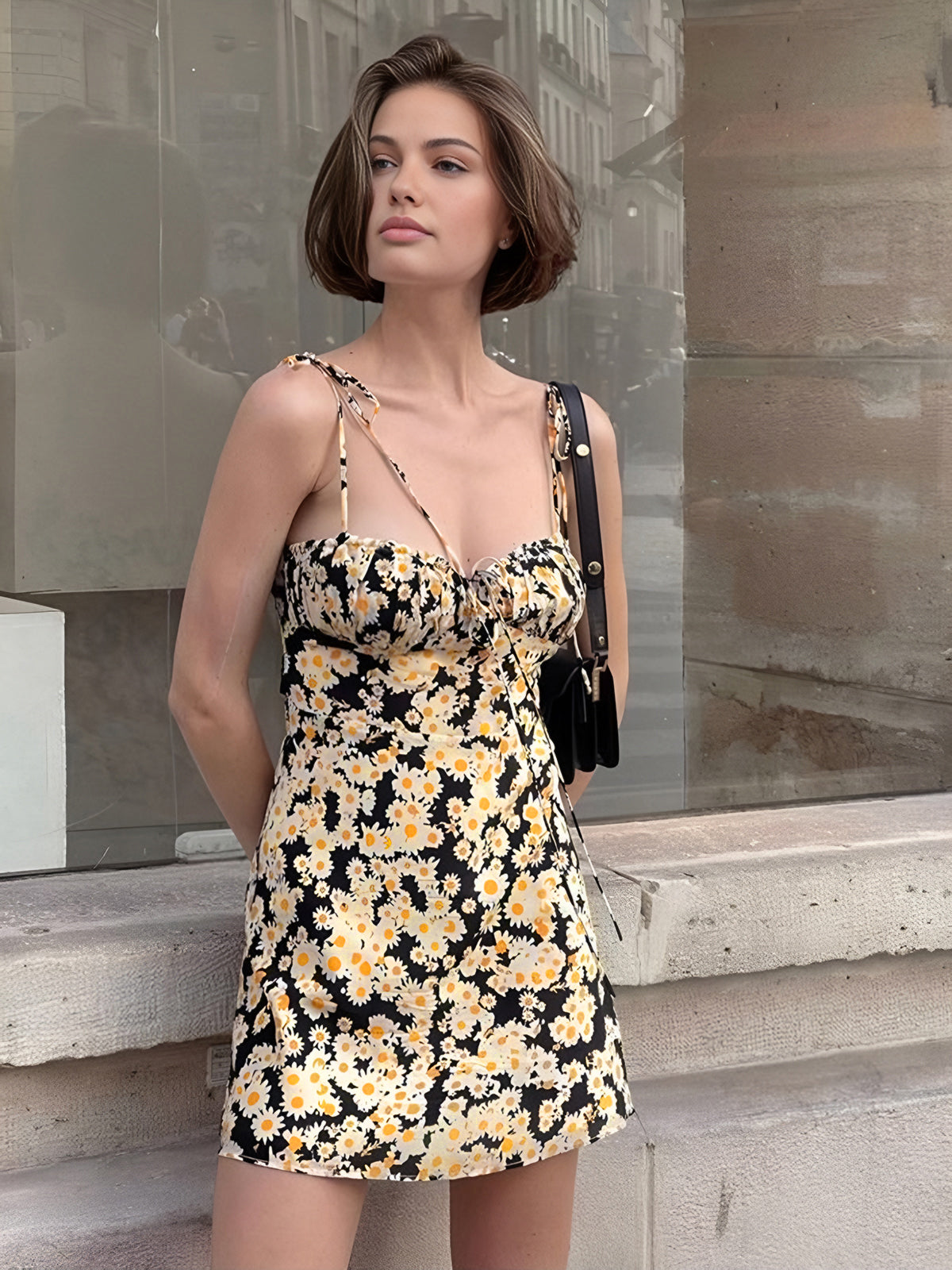 Daisy Printed Tie Up Short Dress