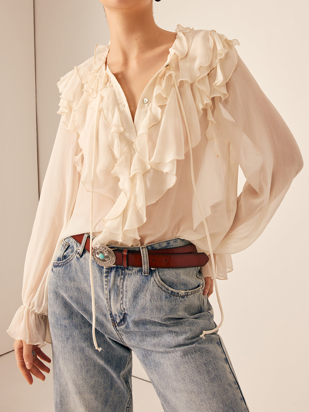 Ruffle Chiffon Breasted Blouse