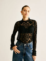 Semi-Sheer Lace Embroidery Floral Mock Neck T-Shirt
