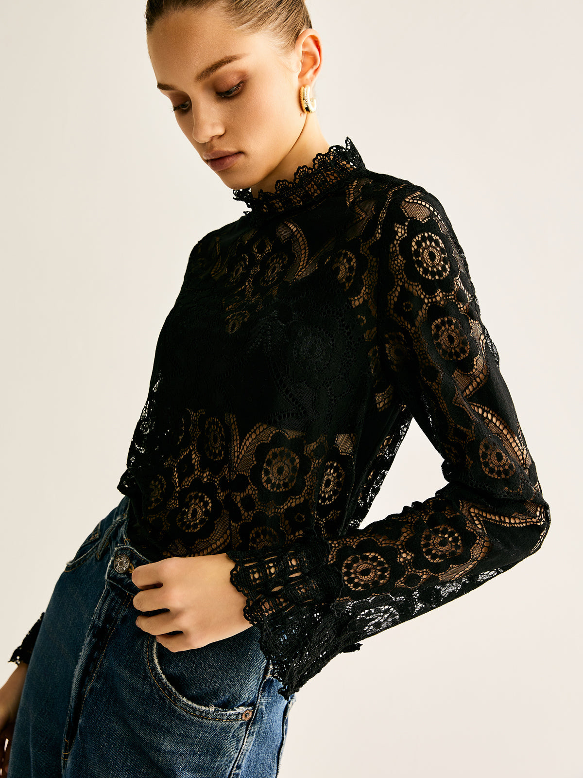 Semi-Sheer Lace Embroidery Floral Mock Neck T-Shirt