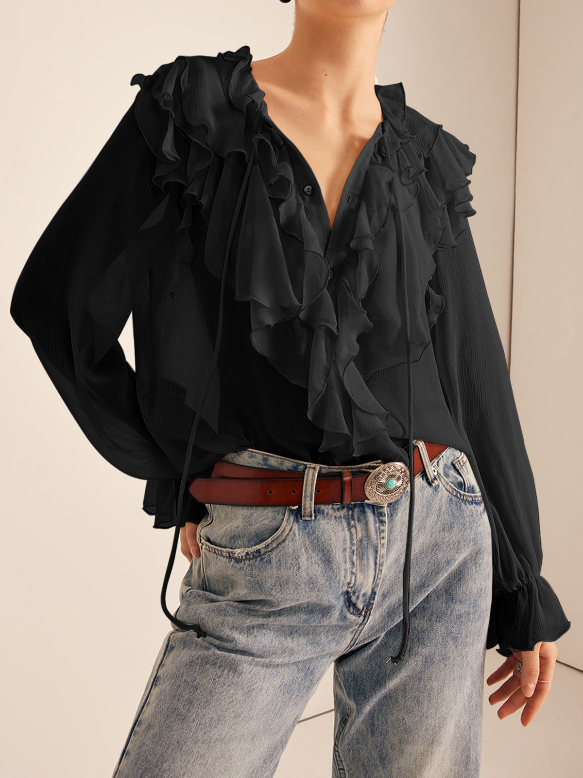 Ruffle Chiffon Breasted Blouse