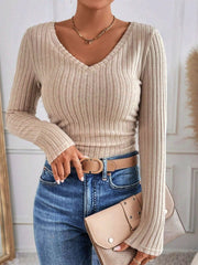 V-Neck Ribbed Skinny Blouse