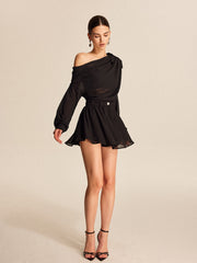 Semi-Sheer Chiffon One-Shoulder Bow Detail Skirt Set