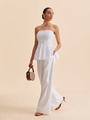 Cotton Pleated Strapless Peplum Top And Pants Set