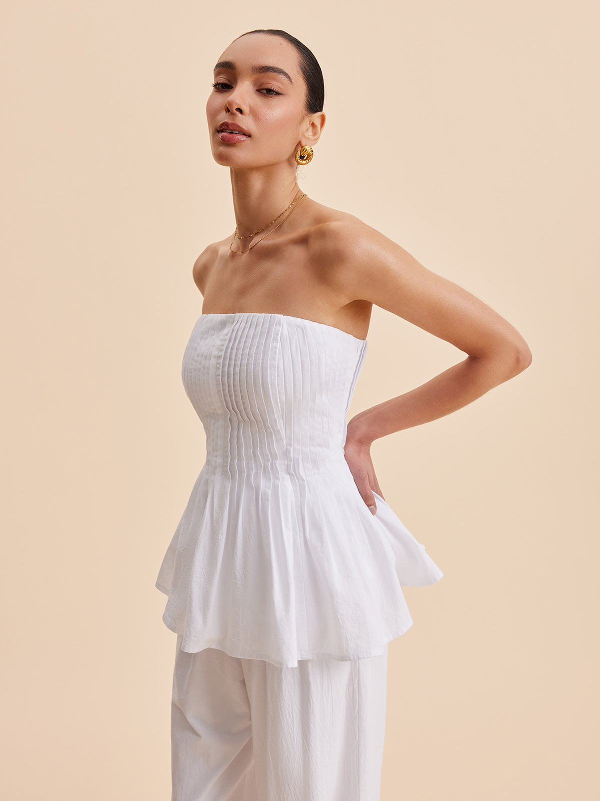 Cotton Pleated Strapless Peplum Top And Pants Set