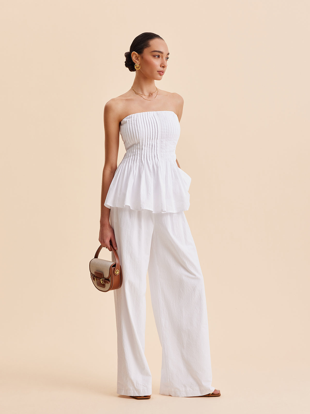 Cotton Pleated Strapless Peplum Top And Pants Set