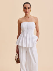 Cotton Pleated Strapless Peplum Top And Pants Set