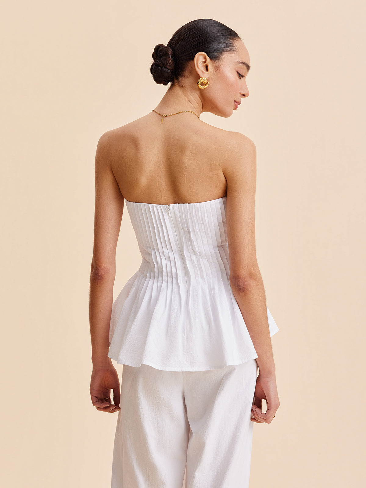 Cotton Pleated Strapless Peplum Top And Pants Set