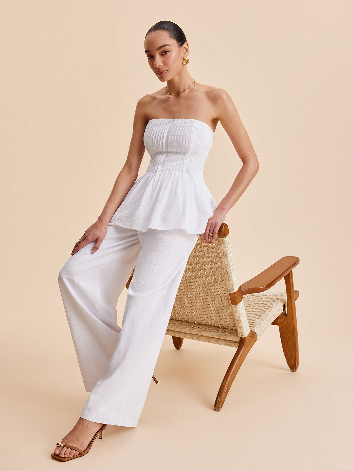 Cotton Pleated Strapless Peplum Top And Pants Set