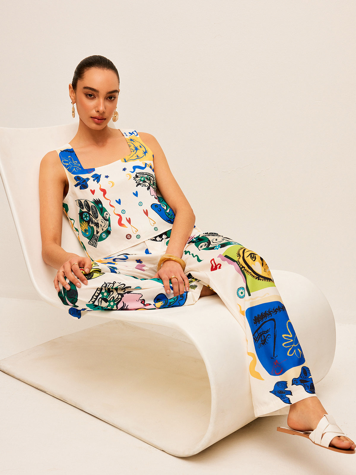 Graphic Print Crop Top With Wide-Leg Pants Set