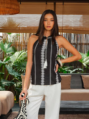 Embroidered Halter Tie-Neck Top
