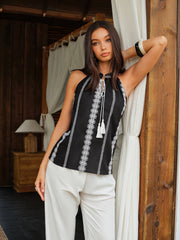 Embroidered Halter Tie-Neck Top