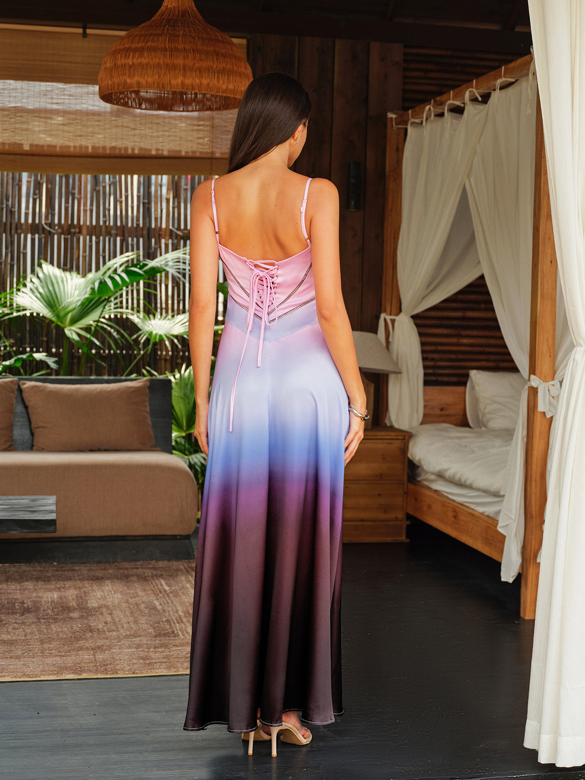 Spaghetti Straps Tie-Dye Gradient Satin Maxi Dress With Lace-Up Back