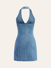 Halter Neck Buckle Detail Denim Dress