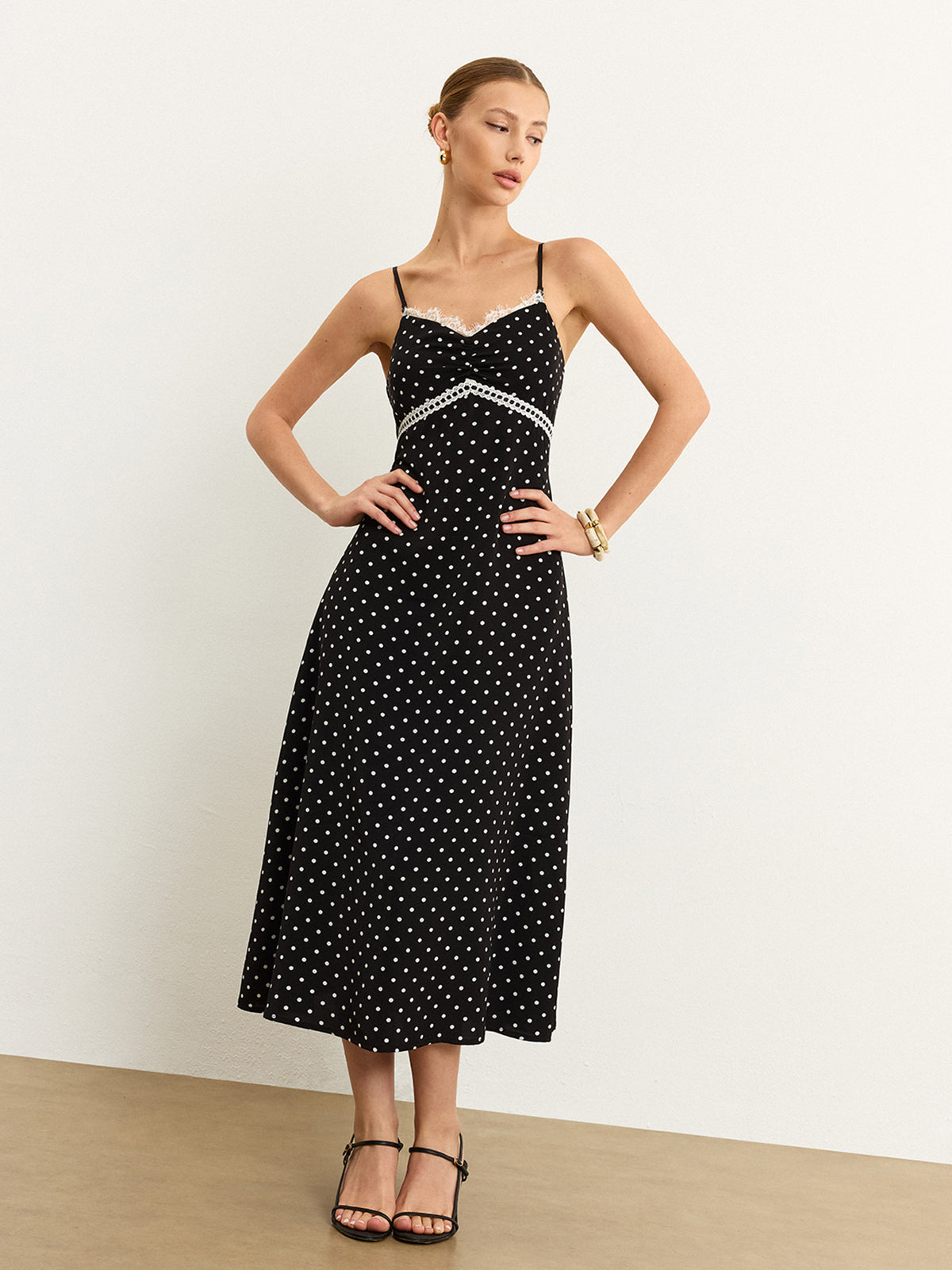 Polka Dot Lace Trim Midi Dress