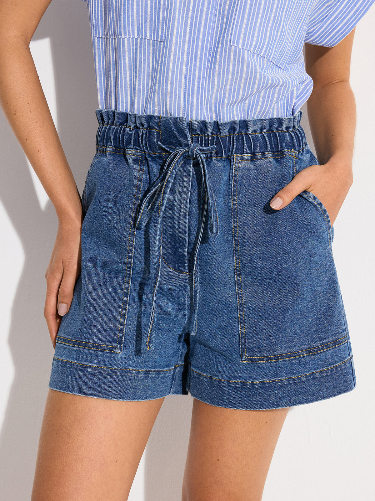 Denim Elastic-Waist Shorts with Drawstring
