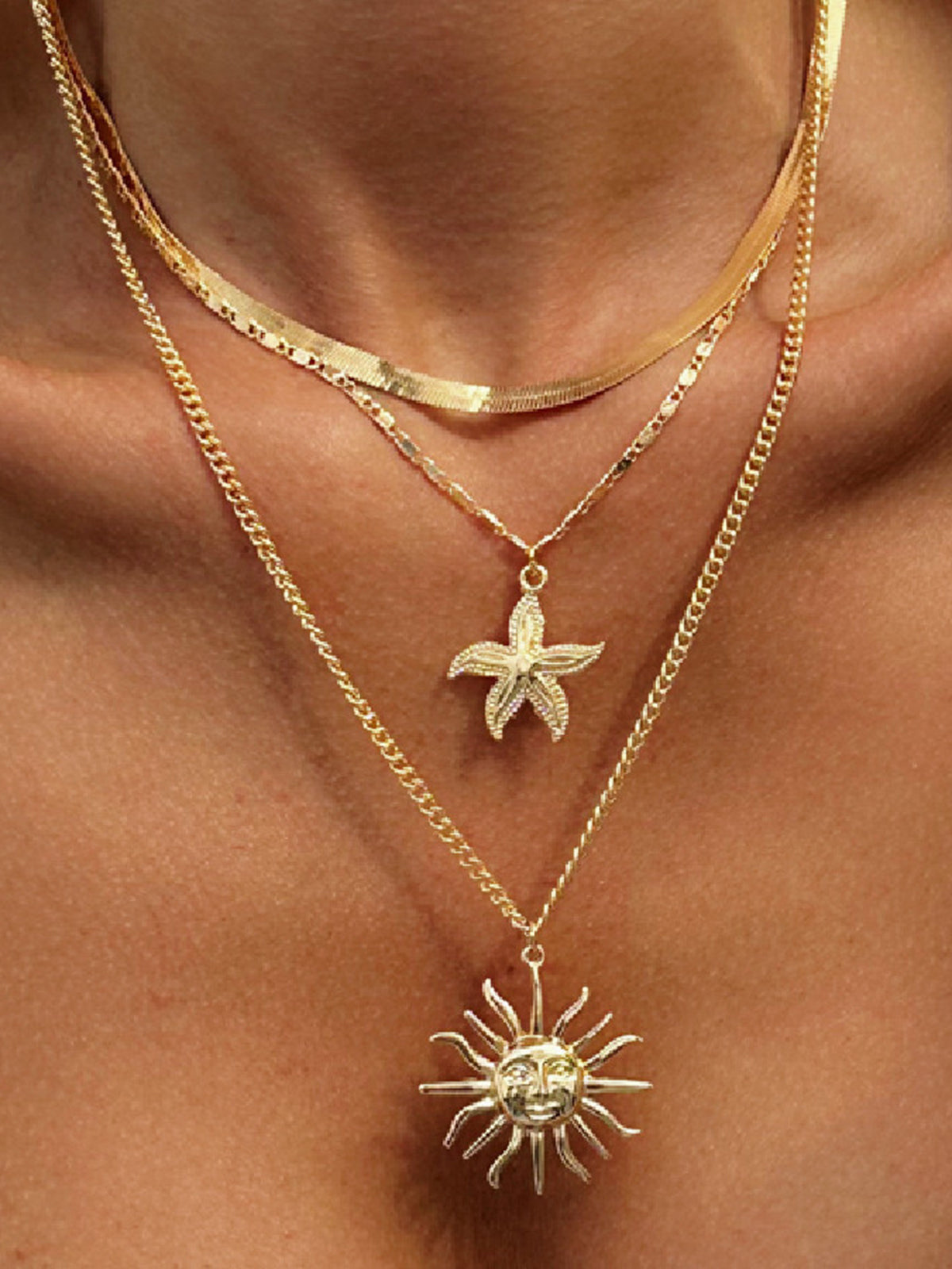 Multi-Layered Gold Sun And Starfish Necklace Set